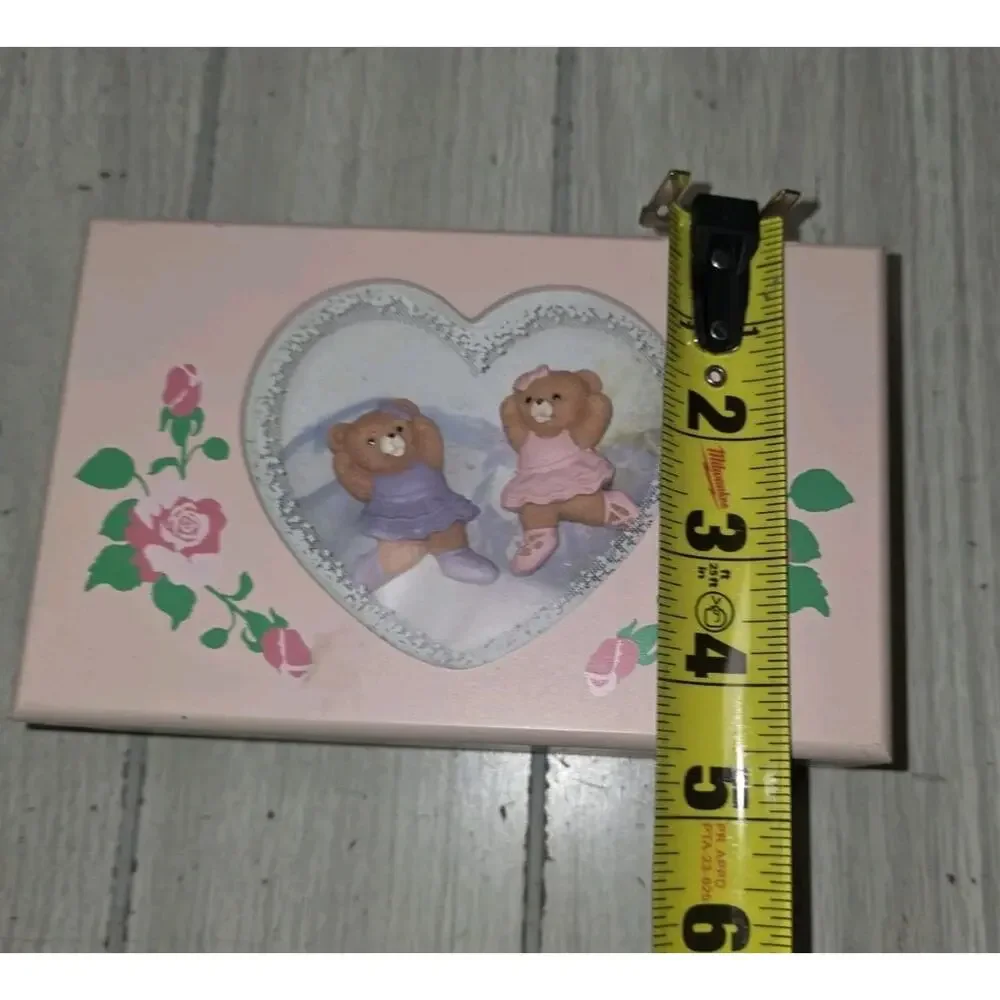 Vintage Wooden Jewelry Box Pink Ballerina Bears Painted Flowers Mirror Childs